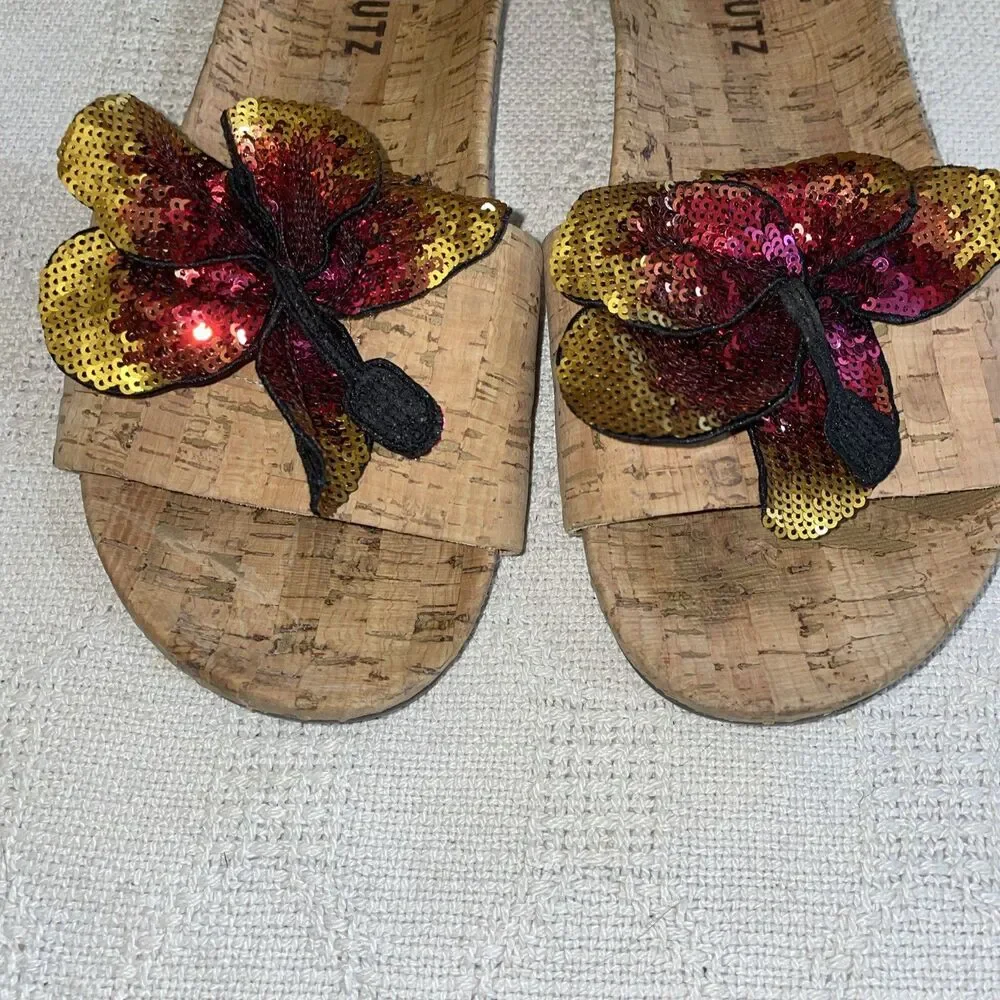 Schutz Women’s Slide Sandals Size 8 B Tan Cork Print Beach Cruise Island